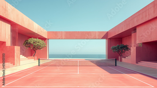 surreal dreamy aesthetic tennis court, with views to the sea, pale pink and water colors, Luis Barragan style photo