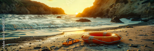 Sunset at the Beach with Bottle Carrying SOS Message, Waves and Soft Sunlight on Sandy Shore
