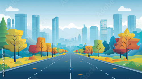 Illustration of a modern cityscape with a highway leading into an urban center surrounded by autumn trees.