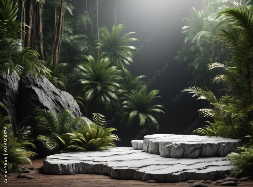 Product background, light marble pedestal and tropical plants in the background