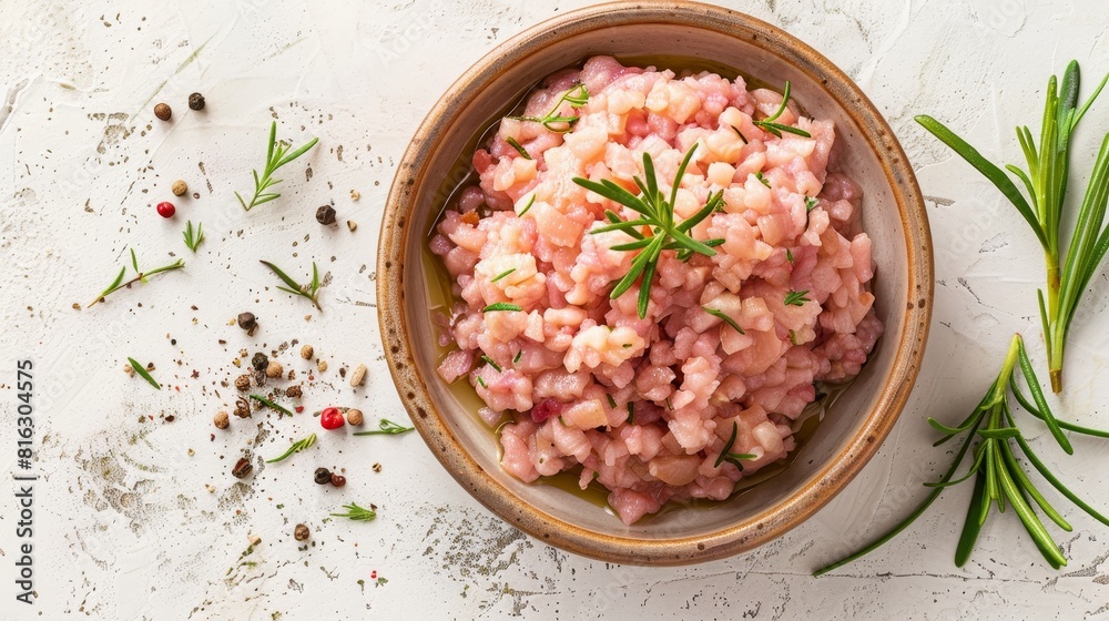 Fresh ground chicken viewed from above, perfect for making lean and healthy burgers, isolated background with studio lighting for clarity Fresh ground chicken viewed from above, perfect for making lean and healthy burgers, isolated background with studio lighting for clarity