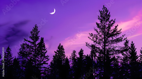 Pine trees silhouetted against purple sky with rising crescent moon : Generative AI photo