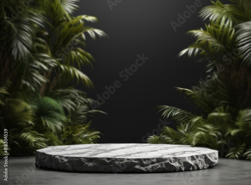 Product background  light marble pedestal and tropical plants in the background