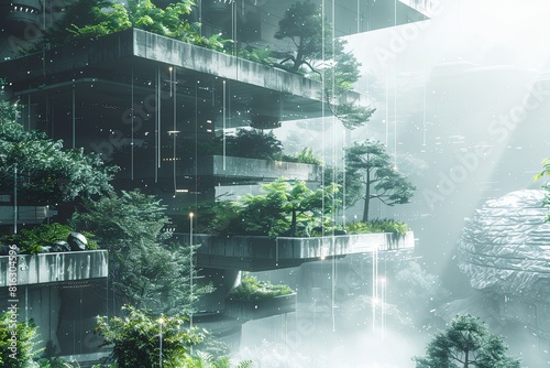 Lush Japanese Cyberstructure  Sunlit Plants and Particle Array