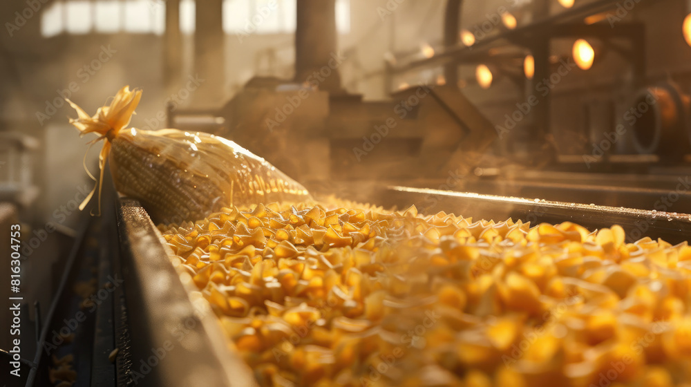 Fresh Corn Harvest on Conveyor Belt in Bustling Pasta Factory Fresh Corn Harvest on Conveyor Belt in Bustling Pasta Factory