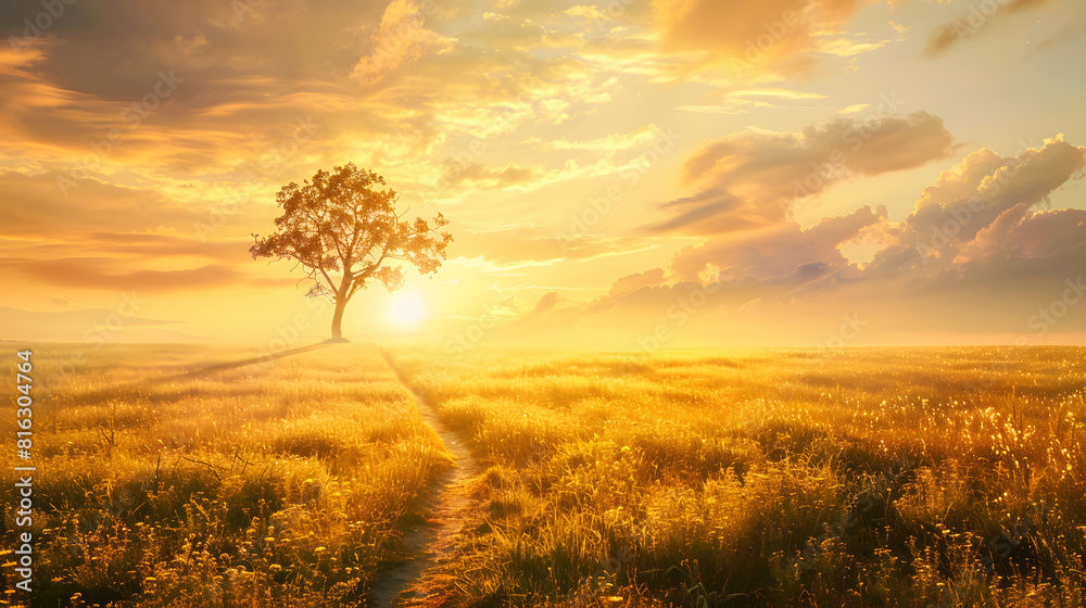 Fototapeta premium Rural landscape with a path and the silhouette of a lone tree on a meadow at sunrise mist on the horizon and magnificent gold sunlight : Generative AI
