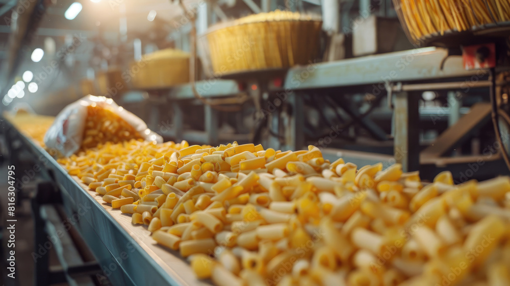 Fresh Corn Harvest on Conveyor Belt in Bustling Pasta Factory