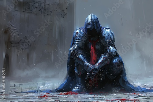 Blue Knight with Red Necktie: Intricate Digital Painting of a Fallen Hero
