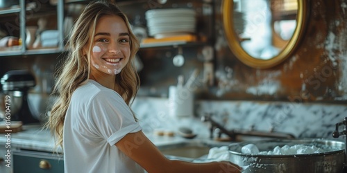 Smiling woman cooking in rustic home kitchen with marble countertops, mixing bowl, and wooden cabinets, creating a warm, homely atmosphere
