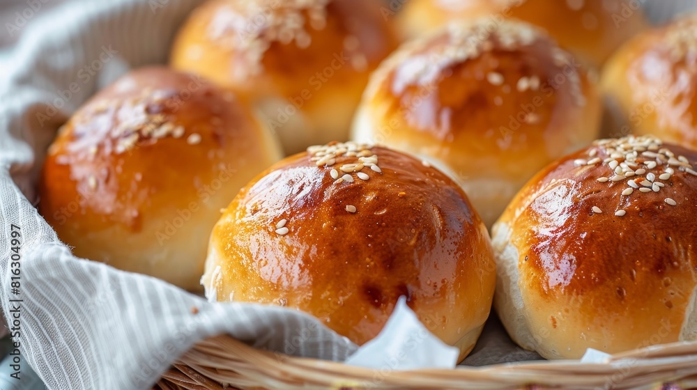 Freshly baked potato buns in close-up, highlighting their light and airy texture, slightly sweet flavor, isolated background with perfect focus