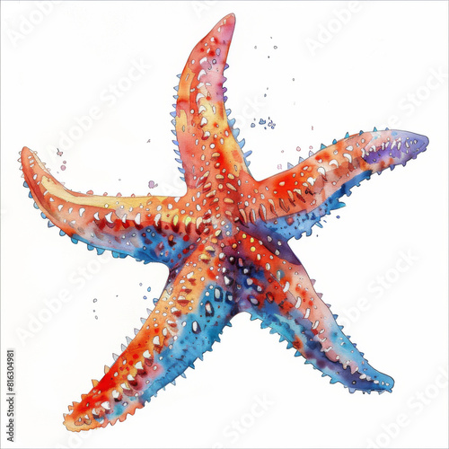 Vivid and detailed watercolor illustration of a starfish with a blend of orange and blue hues.