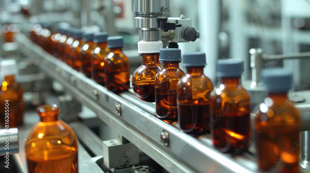 Pharmaceutical Manufacturing, Automated Machine Producing Glass Bottles on Production Line Pharmaceutical Manufacturing, Automated Machine Producing Glass Bottles on Production Line