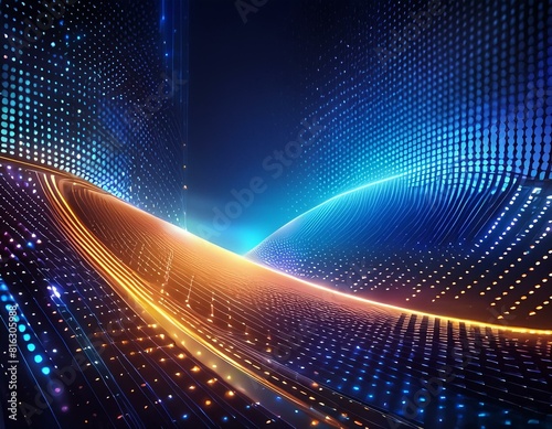 An illustration of curved cinema glittering diode pixel technology modern backdrop with light panel concave monitor. Light panel concave monitor digital texture with dot pattern