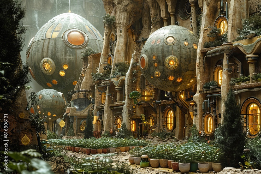 Obraz premium Pulp Fantasy Extraterrestrial Society: Futuristic Agricultural Structure Rendering