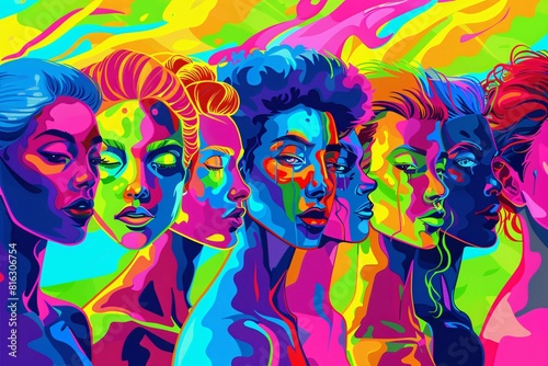 Colorful Portrait of Five Stylized Female Figures