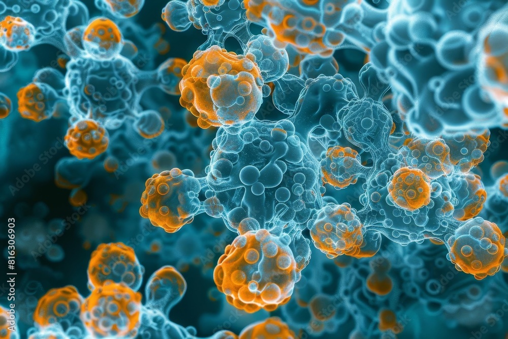 3D illustration of a cancer cell. The cancer cells are orange and the ...