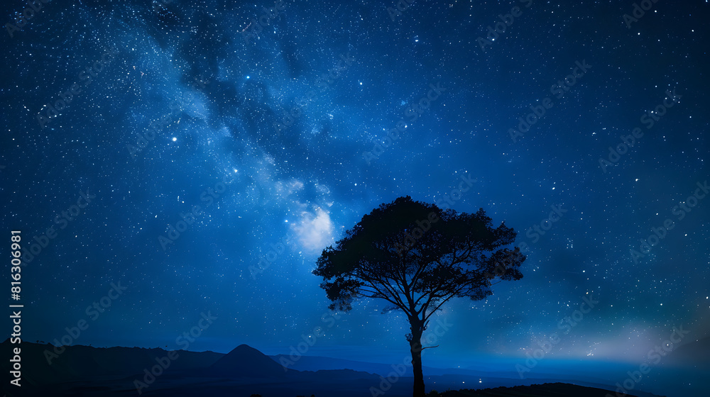 Indonesia East Java Milky Way galaxy on blue starry night sky over silhouette of lone tree in Bromo Tengger Semeru National Park : Generative AI Indonesia East Java Milky Way galaxy on blue starry night sky over silhouette of lone tree in Bromo Tengger Semeru National Park : Generative AI