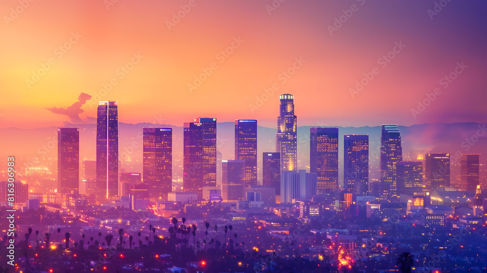 Obraz premium the skyline of los angeles during sunset : Generative AI