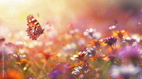 A Whimsical Garden Scene with a Butterfly Amidst Flowers