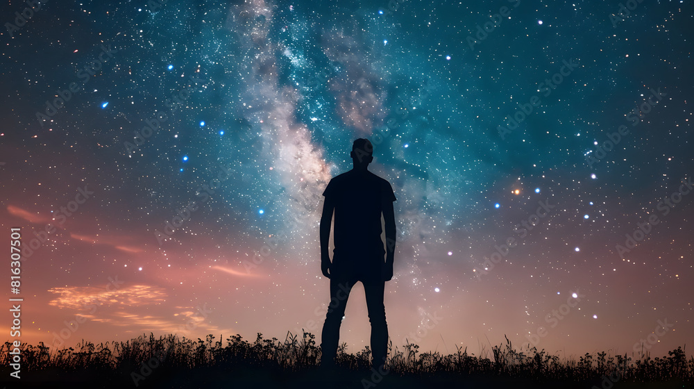 Silhouette of a man enjoying countryside under the starry skies : Generative AI Silhouette of a man enjoying countryside under the starry skies : Generative AI