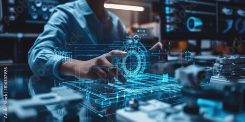 Professional digital engineer using Artificial intelligent and digital holographic to design product at modern studio. Attractive designer or inventor invent the creative innovation technology. AIG42.