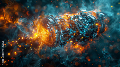 A vibrant  high-tech image of a futuristic mechanical energy core with glowing elements and sparks.