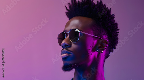 Young african american man with a trendy haircut and sunglasses stands confidently against a purple : Generative AI
