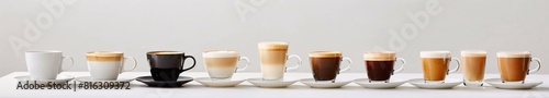 A Row of Coffee Cups Showcasing Various Beverages photo