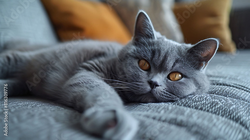 Gray British Cat is lazing on the sofa photo