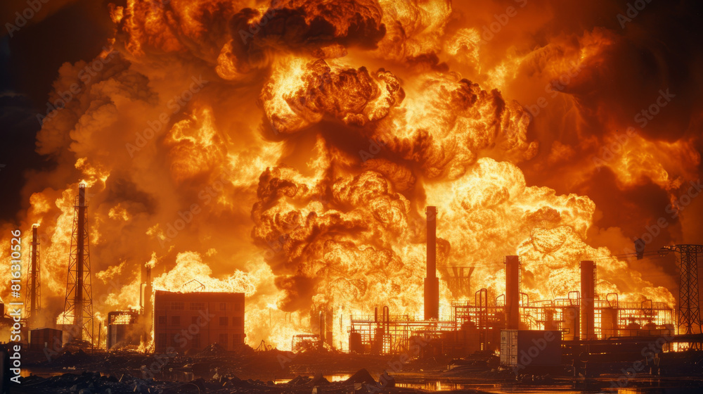 Obraz premium Intense scene of a massive industrial explosion at night with fire and smoke.