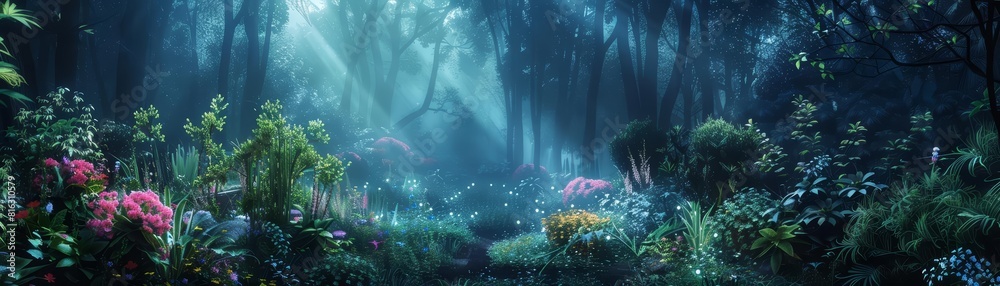 A garden where plants emit soft, bioluminescent light, creating a serene nighttime landscape, ideal for a banner promoting sustainable and innovative gardening techniques A garden where plants emit soft, bioluminescent light, creating a serene nighttime landscape, ideal for a banner promoting sustainable and innovative gardening techniques