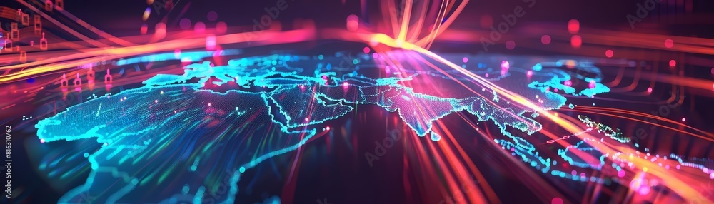 A holographic map of the world shows live traffic data and logistic operations, where virtual vehicles move along neon paths, perfect for a transport and technologythemed banner A holographic map of the world shows live traffic data and logistic operations, where virtual vehicles move along neon paths, perfect for a transport and technologythemed banner