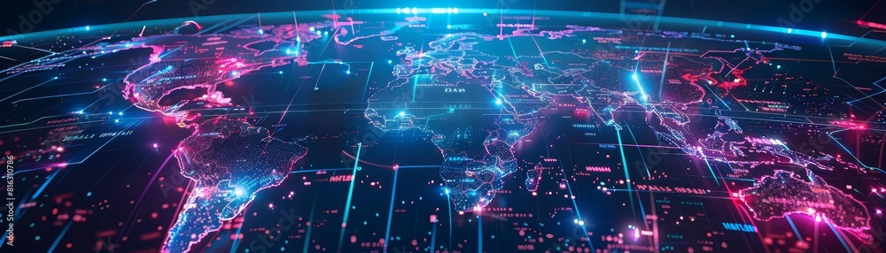 A holographic map of the world shows live traffic data and logistic operations, where virtual vehicles move along neon paths, perfect for a transport and technologythemed banner A holographic map of the world shows live traffic data and logistic operations, where virtual vehicles move along neon paths, perfect for a transport and technologythemed banner