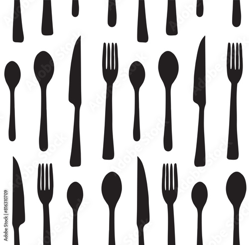 Vector seamless pattern of hand drawn cutlery silhouette isolated on white background