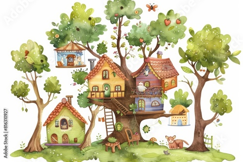 A kawaii watercolor of a whimsical treehouse village occupied by forest animals  Clipart isolated on white