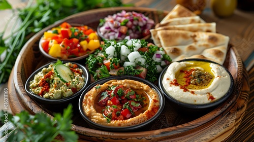 Fresh presentation of Mediterranean mezze platter with hummus and pita, food studio photography