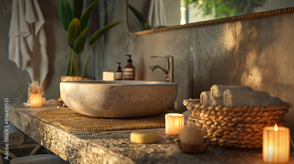Tranquil boho-style bathroom with natural stone sink and decorative candles