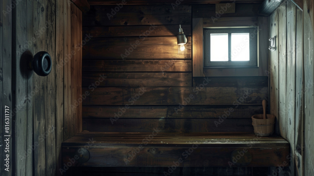 Thick wooden walls and a small window give the sauna a cozy and intimate feel. Thick wooden walls and a small window give the sauna a cozy and intimate feel.