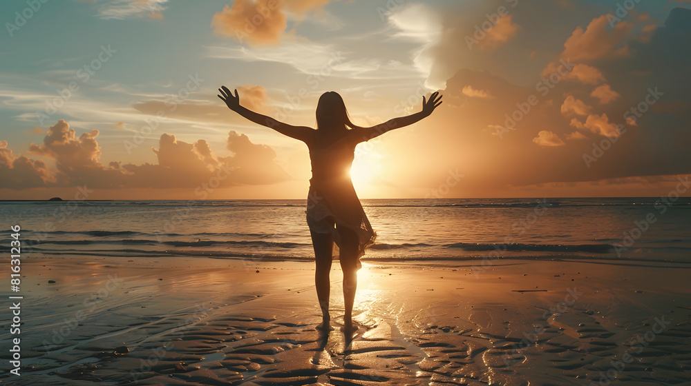 strong confidence woman open arms under the sunrise at seaside : Generative AI strong confidence woman open arms under the sunrise at seaside : Generative AI