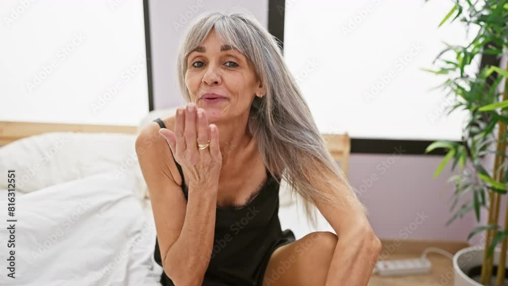 Mature hispanic woman with grey hair in bedroom sending a kiss and a wave, embodying warmth and comfort. Mature hispanic woman with grey hair in bedroom sending a kiss and a wave, embodying warmth and comfort.