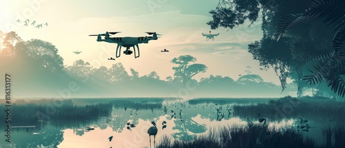 A wildlife conservation group uses drone technology to monitor endangered species in hardtoreach areas, ideal for a conservation technology banner with copy space photo