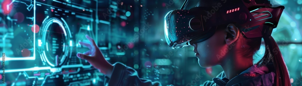 A young girl wearing a biometric suit controls a game environment with her movements, blending physical fitness with virtual reality, perfect for a futuristic gaming banner