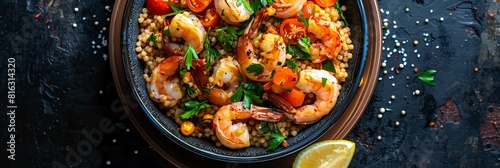 Fresh presentation of Moroccan Seafood Couscous, food studio photography