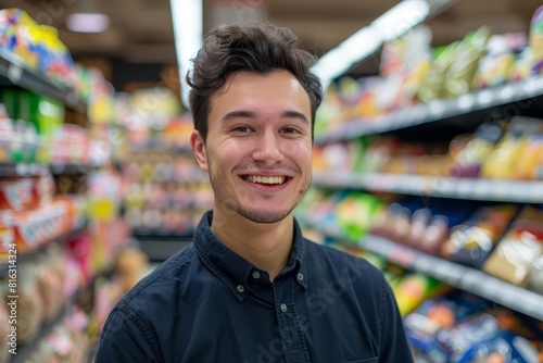friendly young supermarket employee smiling at camera customer service concept photo