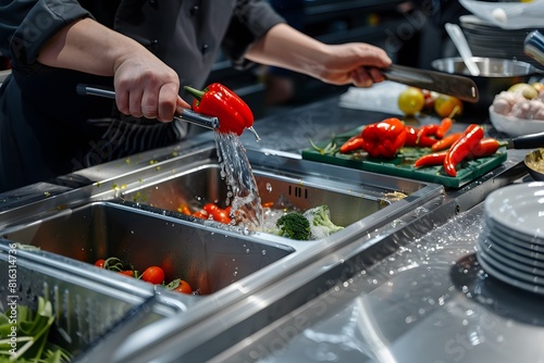 Restaurant kitchen water - Chef rinses fresh bell pepper at a commercial kitchen sink photo
