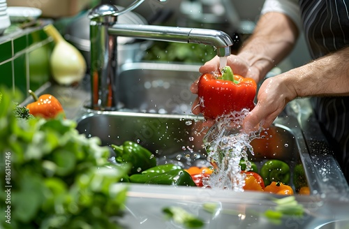 Restaurant kitchen water - Chef rinses fresh bell pepper under tap water photo
