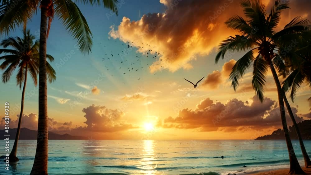Summer landscape with tropical beach at sunset  Seamless looping 4k time-lapse animation video background