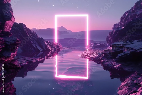 futuristic abstract wallpaper with glowing neon rectangle portal and rocky landscape reflecting in water