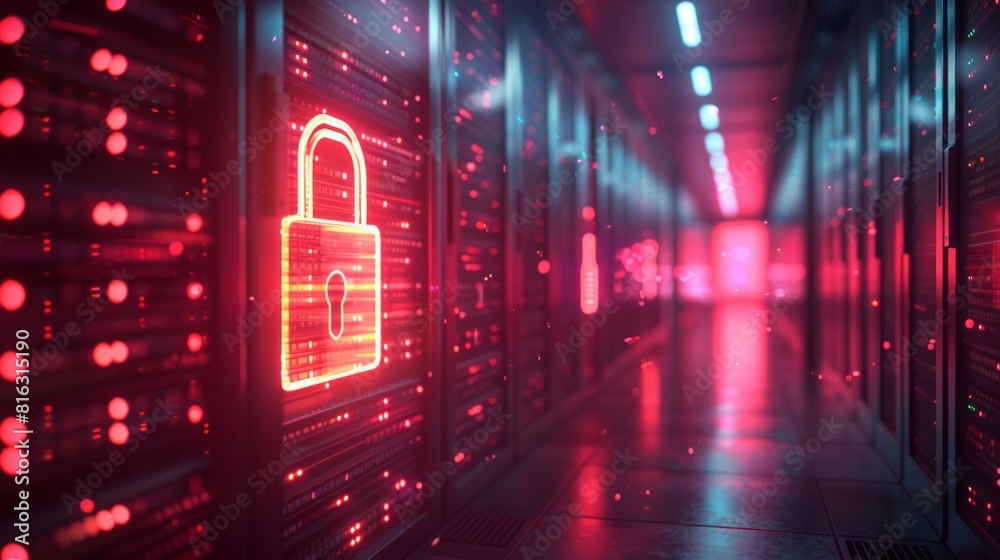 Obraz premium 3D rendering of Futuristic Key symbol with glowing padlock icon on background of binary code in data center room.