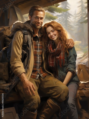 Create a detailed frontal scene of a couple enthusiastically packing for a mountain adventure © Wavezaa